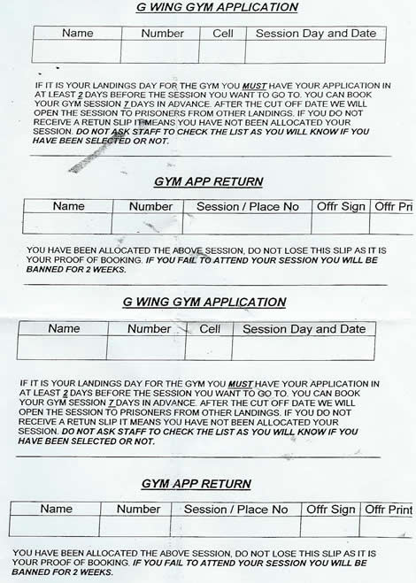 Prison gym application form